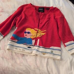 Michael Simon Red Cardigan with Graphic Design